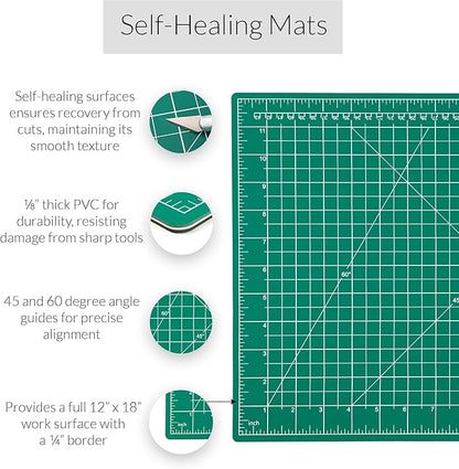 WA Portman Self Healing Cutting Mat & Rotary Cutter Set – 45mm Rotary Cutter for Fabric with 5 Extra Blades with 12x18 Fabric Cutting Mats for Crafts & 6x18 Acrylic Quilting Rulers – 3pc Sewing Kit