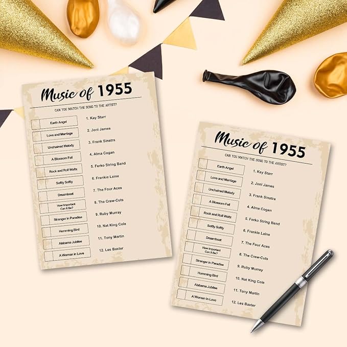 QUPT 70th Birthday Party Games, Music of 1955 Games, Birthday Party Supplies for Adults, Fun 1955s Party Game, Pack of 30 Cards