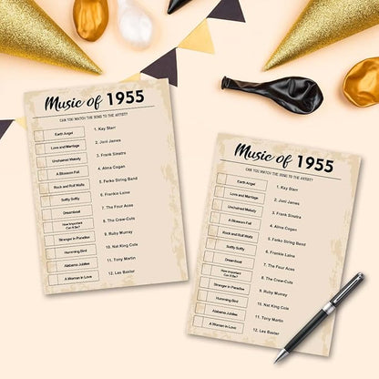 QUPT 70th Birthday Party Games, Music of 1955 Games, Birthday Party Supplies for Adults, Fun 1955s Party Game, Pack of 30 Cards
