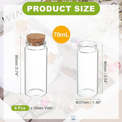uxcell 6Pcs Mini Glass Bottles with Cork Stoppers, 70ml Small Clear Bottles Glass Empty Jars Vials for DIY Crafts Party Wedding Decor Favors