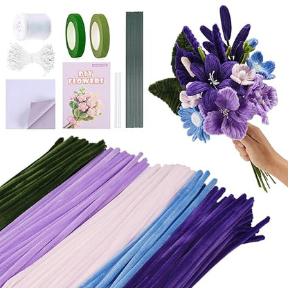 Pipe Cleaners Craft, 400pcs Pipe Cleaners with Flower Stems, Floral Tape, Ribbon, for Flower Bouquet DIY-Purple