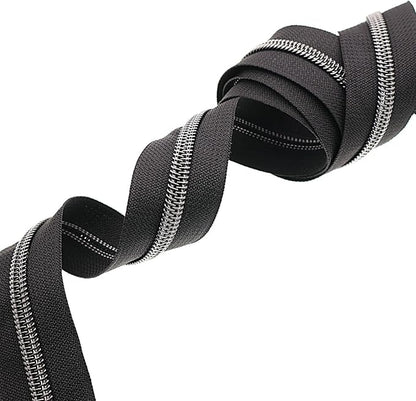 Leekayer #5 Black Nickel Metallic Nylon Coil Teeth Zippers by The Yard Bulk 10 Yards Black Zipper Tape with 25pcs Black Nickel Ring Pull Sliders for DIY Sewing Tailor Craft Bag(Black)
