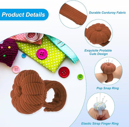 PATIKIL Wrist Pumpkin Pin Cushion, Snap Pin Cushion with Elastic Strap Ring Portable Embroidery Needle Pin Storage for Hand Craft Knitting, Brown