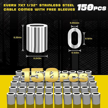 316 Stainless Steel Cable, 600FT 1/32IN Wire Rope 7 * 7 Strand with 150Pcs Aluminum Sleeves Stops, Guide Wire for Outdoor String Lights for String Lights Hanging, Clotheslines, Trellis (600FT)