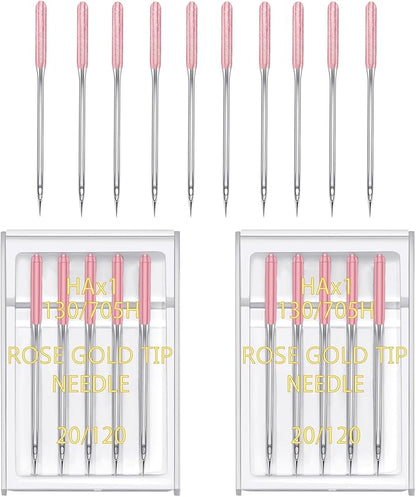 YICBOR Sewing Machine Needles, Universal Regular Point Flat Shank Sewing Needles HAX1 130/705H Compatible with Singer, Brother, Janome, Pfaff and Other Brand Sewing Machine (Rose Gold Size 20-2pack)