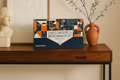 17 Inch Chess Checkers Backgammon Set for adults, Wooden chess set combo, portable folding two sided board multi game design, maple walnut inlay with large weighted pieces, acrylic checkers