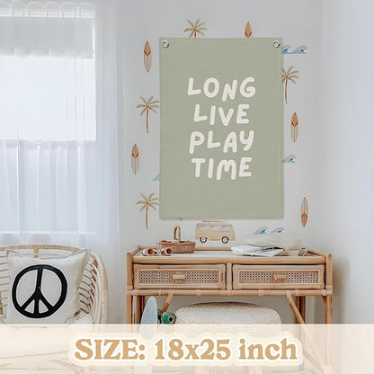 Playroom Decor,Long Live Playtime Wall Hanging Linen Banner,Sage Green Striped Wall Flag for Kids Room Nursery Playroom Decor,18x25 Inch