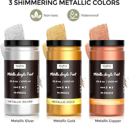 Nicpro Large Acrylic Paint Metallic, 3 Colors Gold, Silver, Copper 101.4oz/3000ml Gold Leaf Paint, Non Toxic, Non Fading for Art Painting, Handcrafts, Multi-surface, Canvas, Wood, Clay Metal Furniture