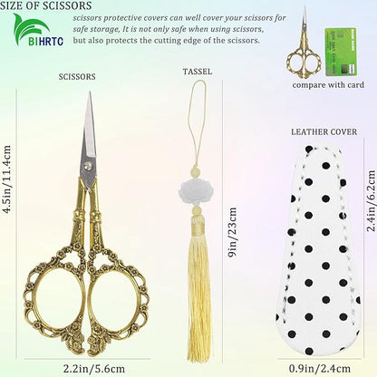 BIHRTC 4.5Inch Embroidery Stainless Steel Scissors with Leather Cover Tassel DIY Tools Dressmaker Small Shears Precision for Crafting Thread Cutting Sewing DIY Artwork Housework