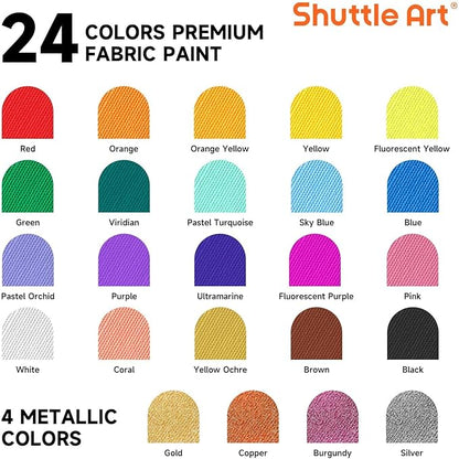 Shuttle Art Fabric Paint 24 Colors Permanent Soft Fabric Paint in Bottles (60ml/2oz) with Brushes &Stencils, Non-Toxic Textile Paint for T-Shirts, Shoes, Jeans, Bags, DIY Projects & Crafts