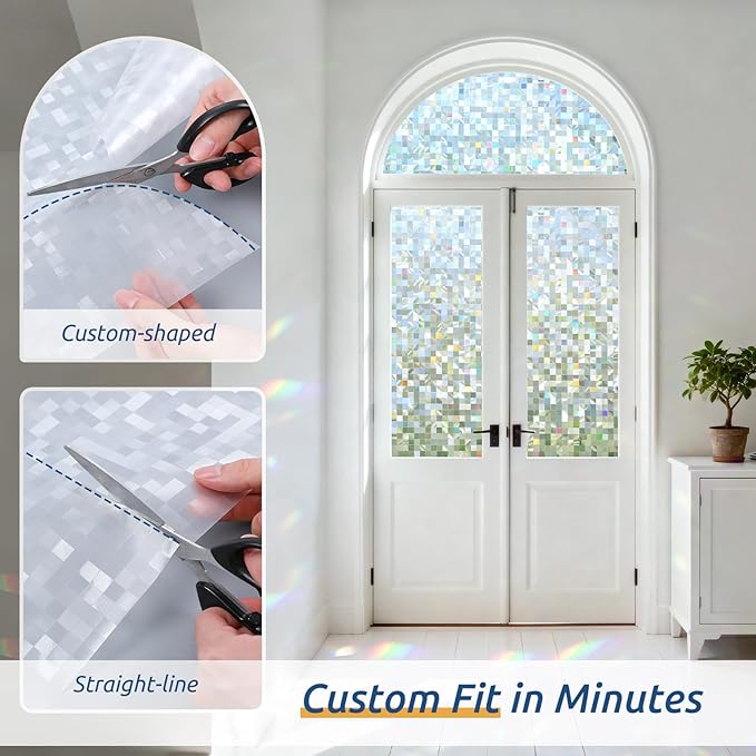 rabbitgoo Stained Glass Window Privacy Film Mosaic Pattern, Frosted Glass Window Film Rainbow Decorative Sticker, Static Cling UV Blocking Suncatcher for Home, 17.5 x 78.7 Inches