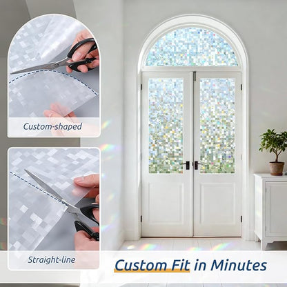 rabbitgoo Stained Glass Window Privacy Film Mosaic Pattern, Frosted Glass Window Film Rainbow Decorative Sticker, Static Cling UV Blocking Suncatcher for Home, 17.5 x 78.7 Inches