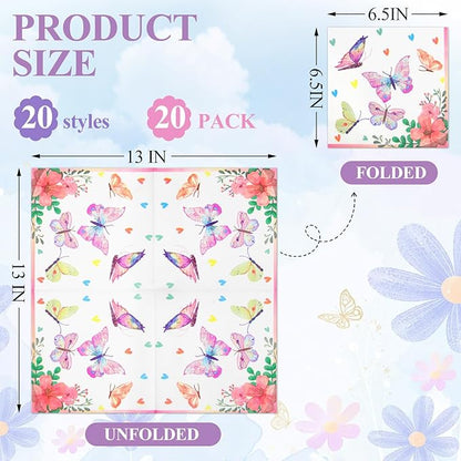 Floral Decoupage Paper Napkins, 20 Pack 20 Styles Assorted Decorative Cocktail napkins for DIY rafting Birthday Party Wedding Baby Shower Each Unfolded 13 Inch