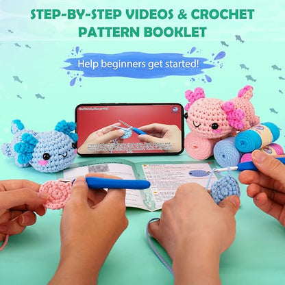 Crochetta Crochet Kit for Beginners, Crochet Starter Kit w Step-by-Step Video Tutorials, Easy Beginner Crochet Kit for Adults & Kids, Women & Men, Complete Kit Included (Axolotl 2Pack)