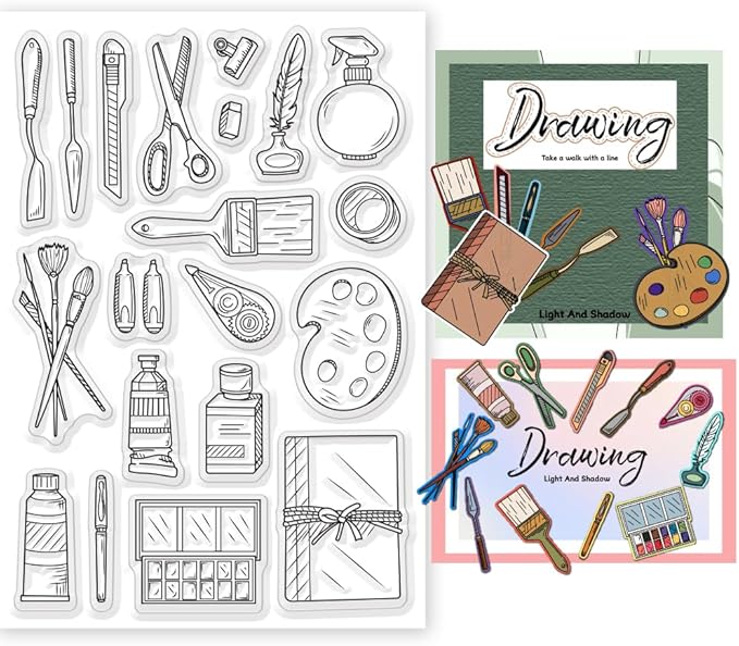 Painting Tools Clear Stamp for Scrapbooking Paint Brush Silicone Clear Stamp Pen Spatula Palette Rubber Transparent Seal Stamps for DIY Handbook Card Making Photo Album Journal Decoration