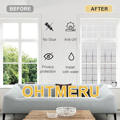 Window Privacy Film Decorative for Front Door, Bathroom Static Cling Stained Glass Sticker Opaque Heat Control UV Blocking Non-Adhesive for Home Windows,White Square