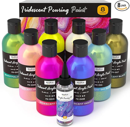 Nicpro 8 Colors Iridescent Metallic Acrylic Pour Paint Supplies Kit, 8.45oz Large Ready to Pour Premixed High Flow Pouring Paint Set with Silicone Pouring Oil, Gloves, Instructions for Beginner DIY