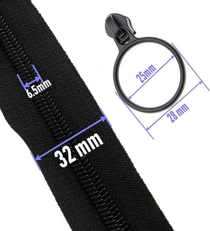 Leekayer #5 Black Nylon Coil Zippers by The Yards Bulk 10 Yards with 25pcs Black Ring Pull Sliders for DIY Tailor Sewing Craft,Luggage,Dress,Sofa Cushion,Pillow,Bag