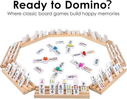 Mexican Train Dominoes Set Double 12 Colored Number Dominos with 8 Wooden Racks & 91 Tiles Portable Travel Case Classic Family Board Game Cognitive Strategy Game for Adults Kids
