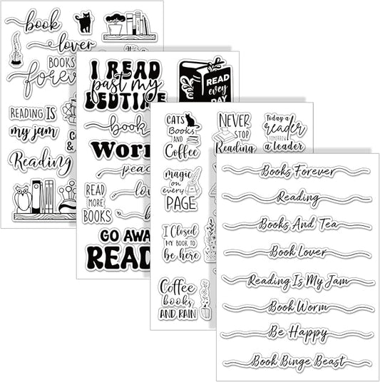 Whaline 4 Sheets Reading Words Clear Stamps Greeting Words Bookcase Bookshelf Silicone Transparent Stamps for DIY Craft Card Making Scrapbooking Embossing Album Decor