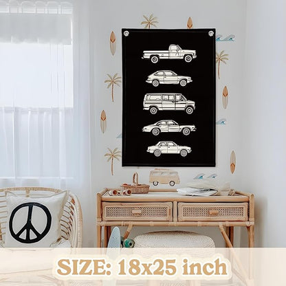Toddler Room Decor,Vintage Car Linen Canvas Banner,Little Boy Room Wall Hanging Flag Banner for Little Boy Bedroom,Playroom Nursery 18x25 Inch(Black)