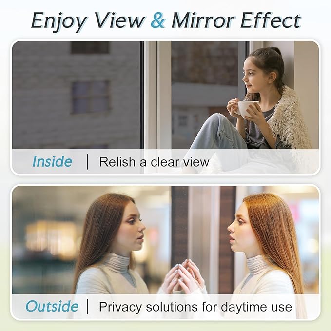 DOWELL One Way Window Privacy Film with 3 Tools Window Tint for Home Sun Blocking Heat Control Anti UV Reflective Mirror Covering See Out Not in for House and Office Black Silver 23.6" X 157.4"