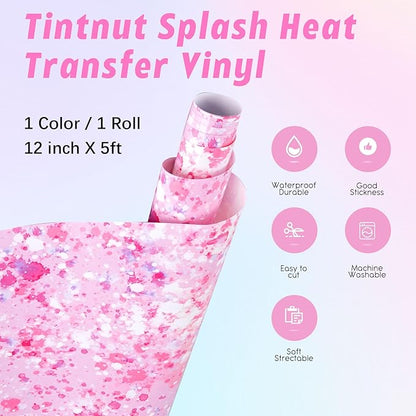 Tintnut Splash Heat Transfer Vinyl Roll - 12 Inch x 5ft Pink and White Watercolor Ink Patterned HTV Splatter Iron On Vinyl DIY T-Shirts Hats Clothes Canvas Bags for Cricut or Silhouette Cameo
