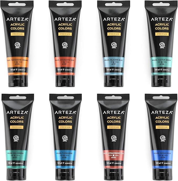 Arteza Metallic Acrylic Paint, Set of 8 Classic Elements Colors 4.06oz Tubes, Rich Pigments, Non Fading, Non Toxic Paints for Artists & Hobby Painters, Art Supplies for Canvas Painting & Crafts