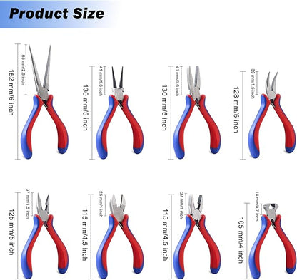 Needle Nose Pliers Set - 8 Pcs High Hardness Carbon Steel Mini Pliers with Ergonomic Handle, Automatic Shrapnel Design, and Multiple Types of Jaws for Repairing Electronics and Cutting Wires