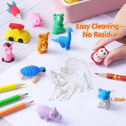 140 Pack Animal Erasers for Kids 3D Puzzle Mini Pencil Eraser Bulk Desk Pets Treasure Box Toy for Classroom School Prize Kids Party Favors Back to School Supplies Random