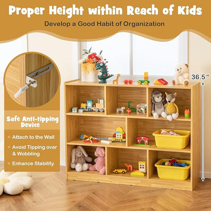 KOTEK Toy Storage Organizer, 8 Cubby Kids Bookshelf, Wooden 4-Tier Bookcase Storage Cabinet, Open Display Book Shelf for Daycare, Nursery, School Classroom, Living Room & Bedroom (Burlywood, 8 Cubes)