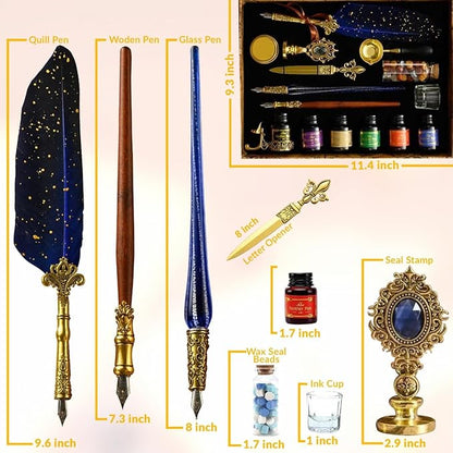 CASA BRAVA Vintage Calligraphy Set with Pen Nibs, Quill Feather Pen and Ink Set, Calligraphy Kit with Dip Pen Nibs and Wax Seal Stamp Kit, Ornate Holders, Gift Box