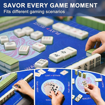 2025 Mahjong Mat, 31.5" x 31.5" Neoprene Mahjong Table Mat with Rules, Anti Slip & Noise Reduction Gaming Mat for Poker, Card, Dominoes, Board & Tile Games, Mahjong Gift with Carrying Bag - Blue