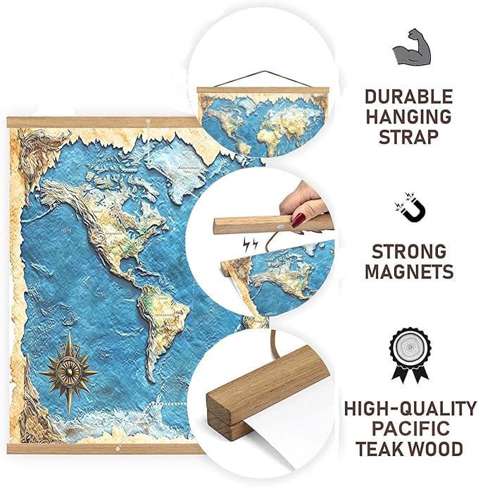 DACRI HOME 52" Magnetic Poster Hanger Frame - Sturdy Teak Wood Poster Frame 52x20 52x32 52x36, Strong Magnets for Easy Hanging Map Picture Canvas Print Scroll Wall Art (52 Inch, Natural Wood)