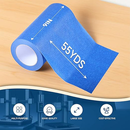 Wide Blue Painters Tape, 9 Inch x 55 Yards, Wide Masking Tape for 3D Printing, Laser Cutting, Painting, Crafting, Labeling, Packing, Office, School, Home Use, Removes Cleanly for 21 Days