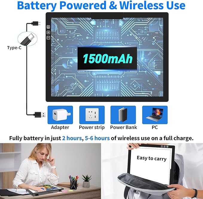 HIUKCOLED Rechargeable A4 Light Pad, Battery Powered Light Board with Carry Bag, Built-in Top Clip＆Stand, Stepless Dimmable＆6-Level Brightness Adjustable, Wireless LED Tracing Box for Weeing Vinyl