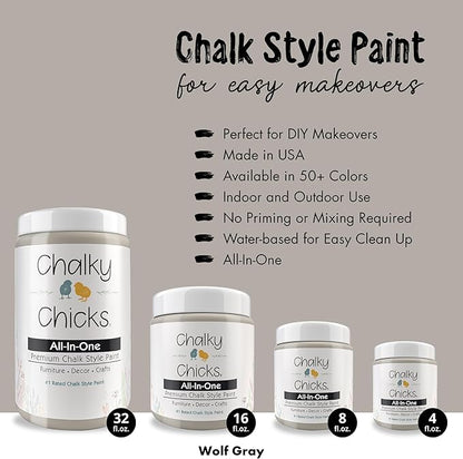 Chalky Chicks All-in-One Chalk Paint for Furniture or Cabinet - 8 Fl Oz - Matte Finish Wolf Gray (Gray/Beige) for Metal, Wood Furniture Paint - No Sanding All-in-One for Home Decor & Crafts, USA Made
