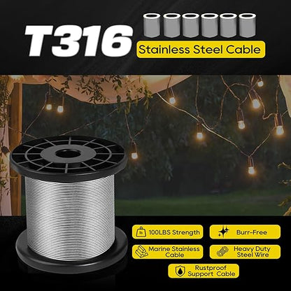 316 Stainless Steel Cable, 1000FT 1/32IN Wire Rope 7 * 7 Strand with 250Pcs Aluminum Sleeves Stops, Guide Wire for Outdoor String Lights for String Lights Hanging, Clotheslines, Trellis (1000FT)
