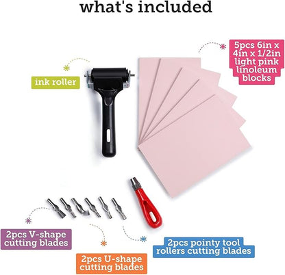 Incraftables Linocut Block Printing Kit – Includes 5 Soft 4" x 6" Rubber Blocks and Carving Tools – Complete Rubber Stamp Making Kit for Beginners, Artists & DIY Crafts