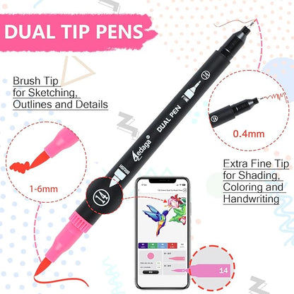100 Colors Numbered Dual Tip Brush Pens with Free App, Fine and Brush Tips Pens for Adults and Kids, Coloring Markers for Coloring Book Bullet Journaling Note Taking Planner Hand Lettering