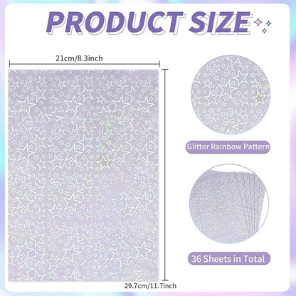 36 Sheets Holographic Sticker Paper,Holographic Laminate Sheets,A4 Size Clear Vinyl Sticker Sheets Self-Adhesive Rainbow Overlay Sheets,11.7 x 8.3 Inches（Five-Pointed Star）