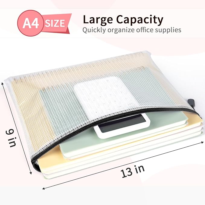 Umriox Mesh Zipper Pouch Puzzle Bags, 13.0x9.0 in (Black, 12 Packs), Letter Size A4 Size Zipper Bags for Office Supplies Travel Accessories