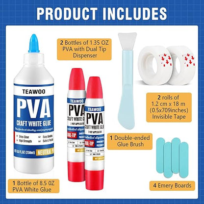 Book Repair & Binding Glue Kit – 8.5 Oz + 2×1.35 Oz Acid-Free PVA Adhesive – Neutral pH, Dries Clear & Flexible for Books, Crafts, Collages & Paper Art, Used for Bookbinding and Book Repair