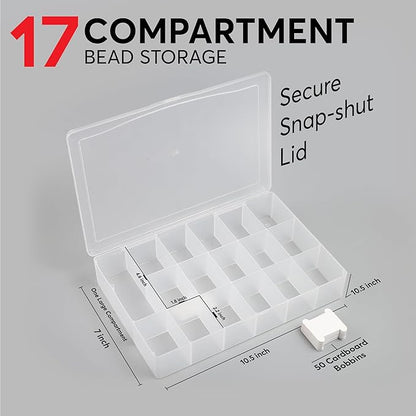 Embroidery Floss Organizer Box with 50 Cardboard Bobbins - 17 Compartments Clear embroidery thread organizer box, Snap-Tight Clear Sewing Organizer - Jewelry Bead Holder (Made in USA)