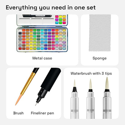 ARTISTRO Watercolor Paint Set, 100 Vivid Colors in Portable Box, Palette set Including Metallic, Fluorescent, Pastel Colors. Perfect Travel Watercolor Set for Artsits, Amateur, Hobbyists and Painting Lovers