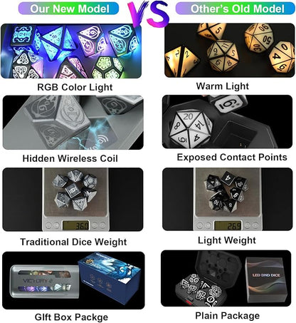 Wireless Charging DND Dice Set with Charging Box, Light Up Polyhedral Dice Set of D4 D6 D8 D10 D% D12 D20, 7PCS Glowing LED D&D Electronic Dice Set for RPG MTG Table Games
