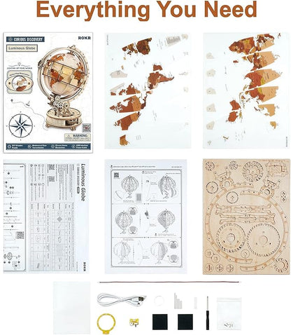 ROKR 3D Wooden Puzzles for Adults Illuminated Globe with Stand 180pcs 3D Puzzles Built-in LED Model Kit Hobby Gifts for Adults Home Decor