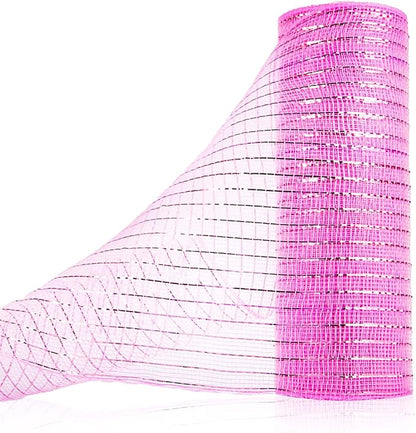 Anivia Deco Mesh Ribbon, 10inch x 30 Feet Each Roll Metallic Foil Mesh Ribbon for Wreaths Swags, Holloween, and Christmas Tree Decoration (Pink/Pink Foil)