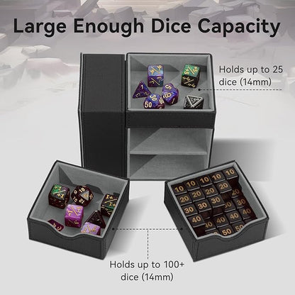 Dice Tray & Dice Tower Storage Box, 3 in 1 Dice Holder Case (Dice Rolling Tray, Dice Rolling Tower, Dice Storage Drawers), Leather Magnetic Closure DND Accessories Gifts for RPG MTG, Black/Grey