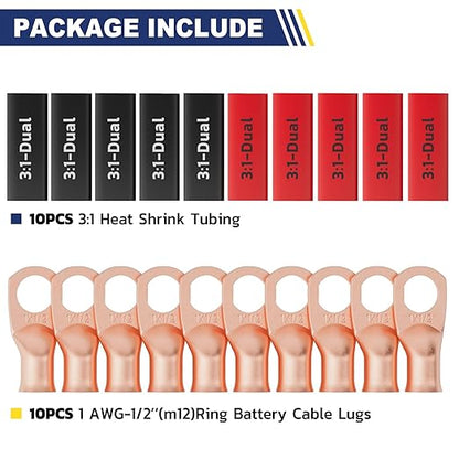 haisstronica 10pcs 1 AWG - 1/2" (M12) Battery Cable Lugs, Heavy Duty Copper Wire Lugs with 10pcs 3:1 Adhesive Heat Shrink Tubing, 1 Gauge Wire Connectors Battery Terminal Connector, Battery Cable Ends